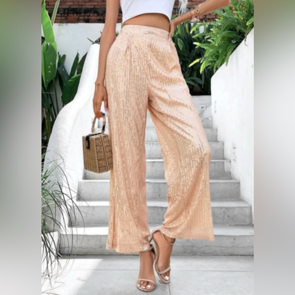High-waisted wide leg rosé sequined party and holiday pants party